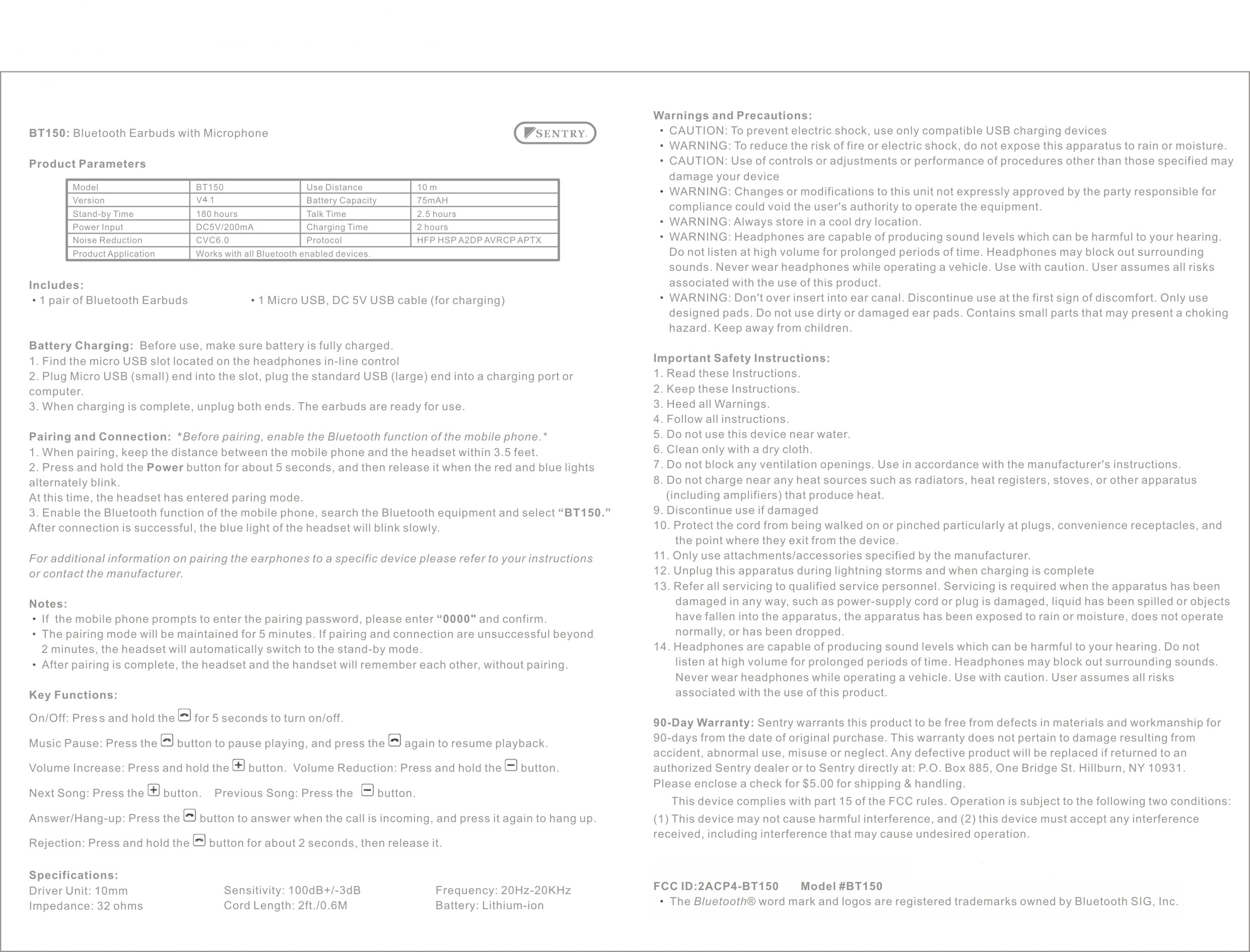 FCC ID 2ACP4-BT150 Users Manual
