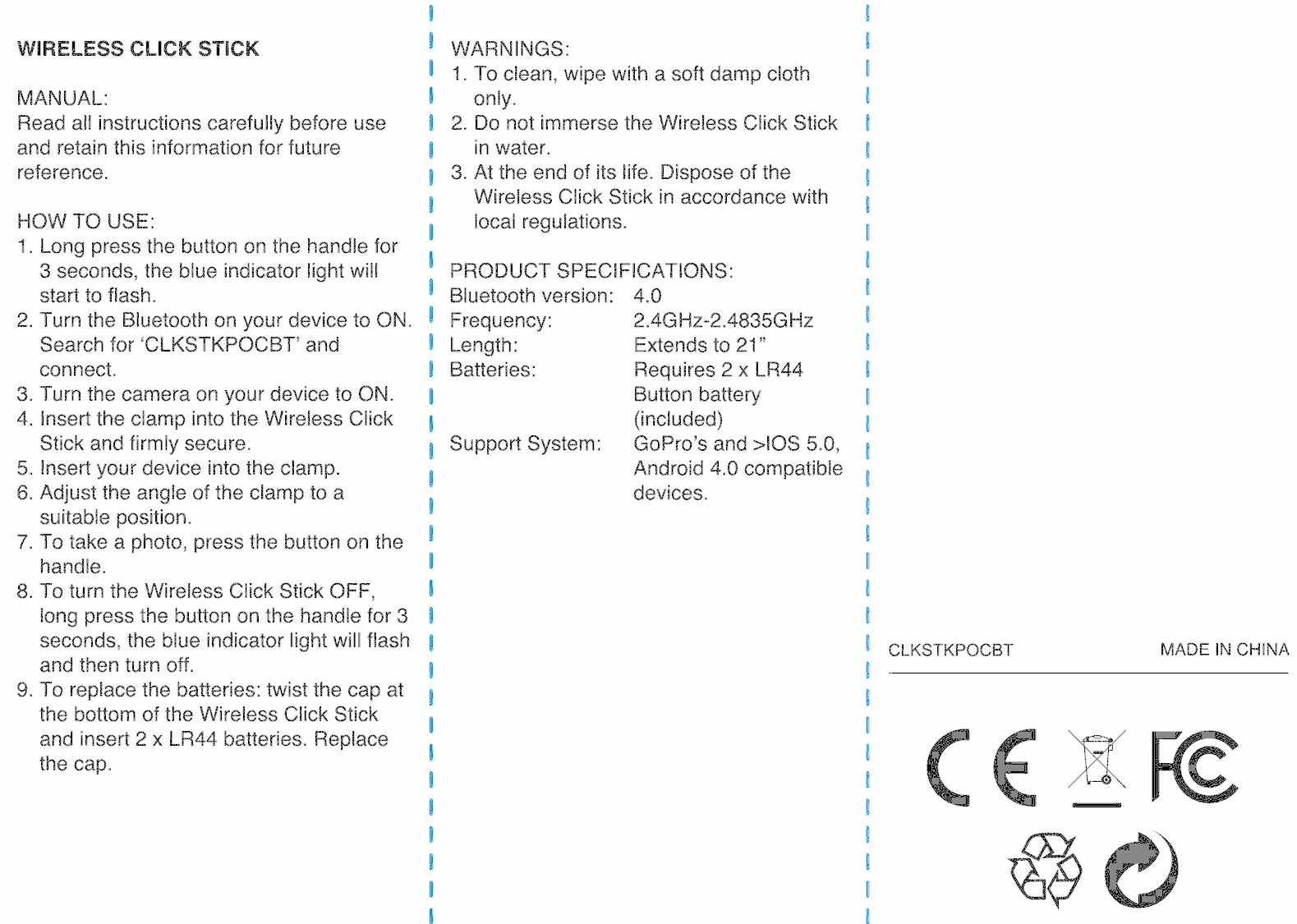 FCC ID 2AGQMCLKSTKPOCBT Users Manual