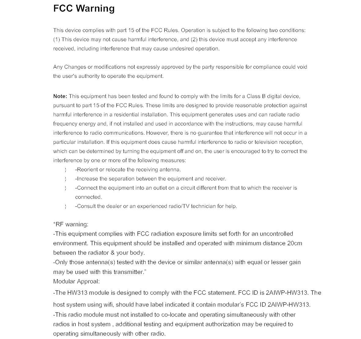 FCC ID 2AIWP-HW313 Users Manual