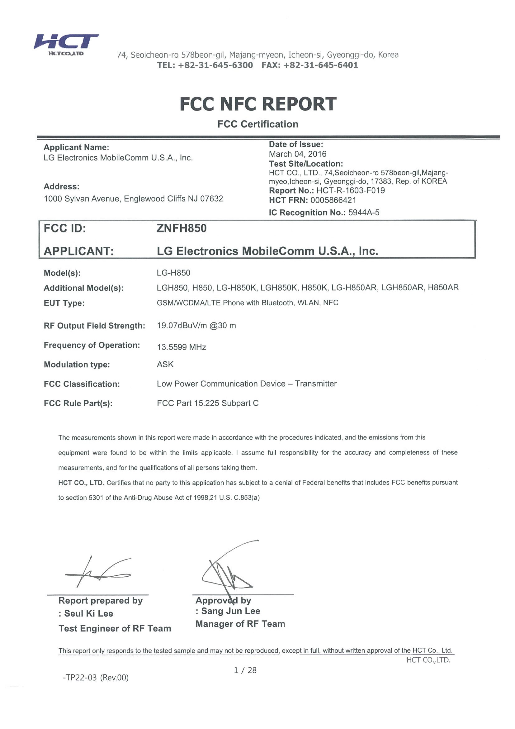 FCC ID ZNFH850 Test Report