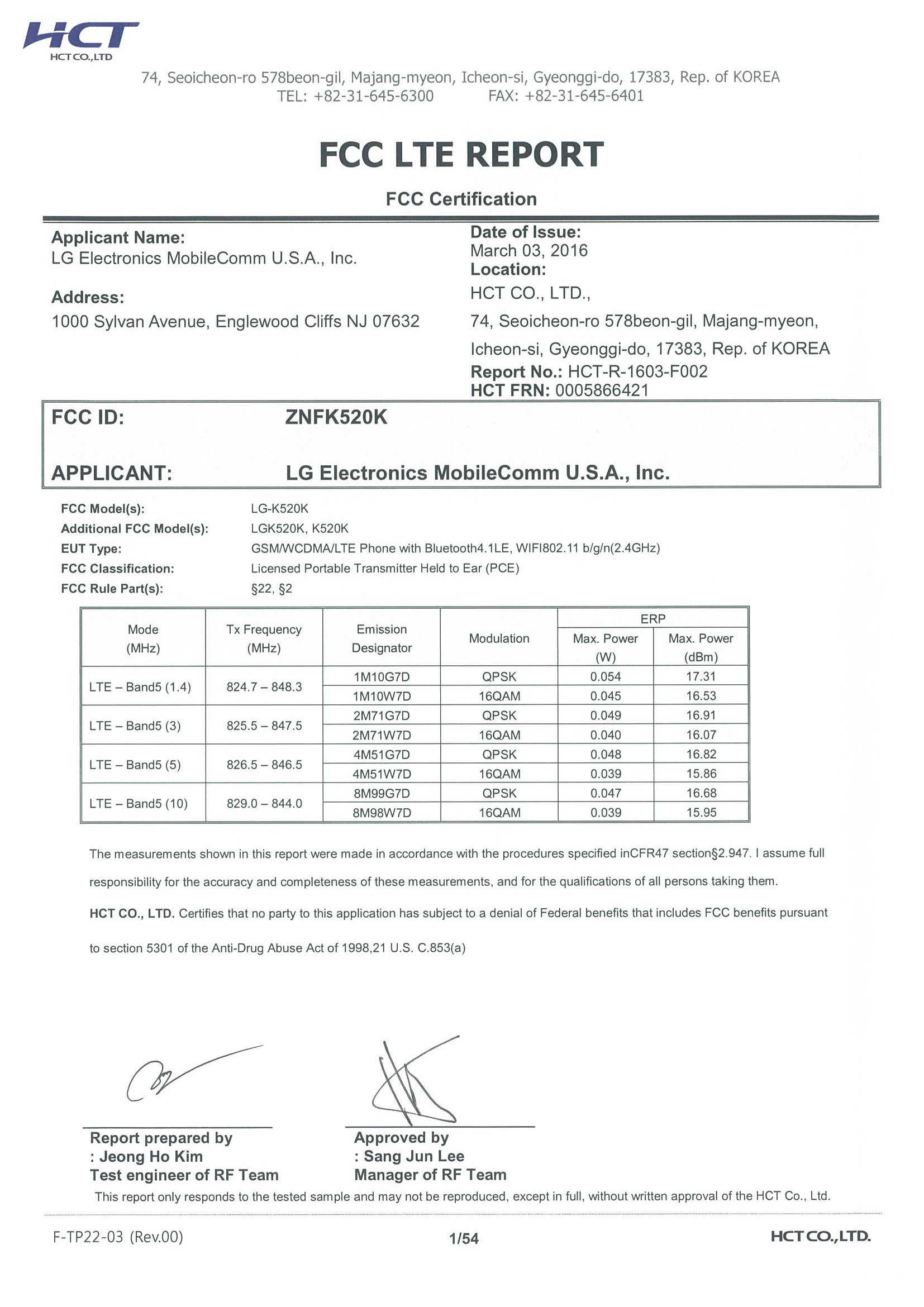 FCC ID ZNFK520K Test Report