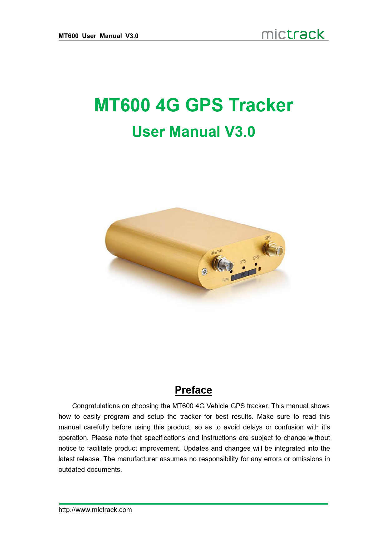 First page of <b>MT600 User Manual V3</b> - Mictrack