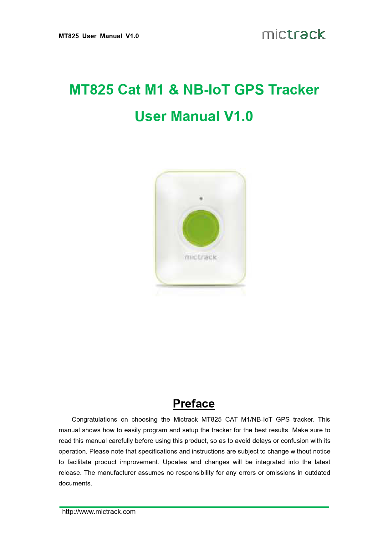 First page of Cat M1 & NB-IoT GPS Tracker User Manual ... | PDF MT825_User_Manual_V1.0 - Mictrack