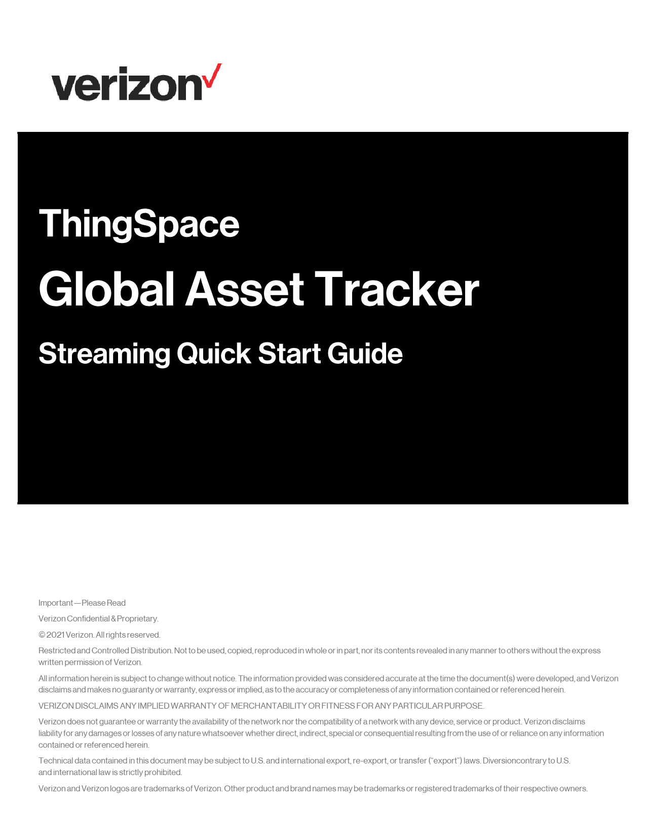 First page of Global Asset Tracker Streaming QSG - thingspace.verizon.com