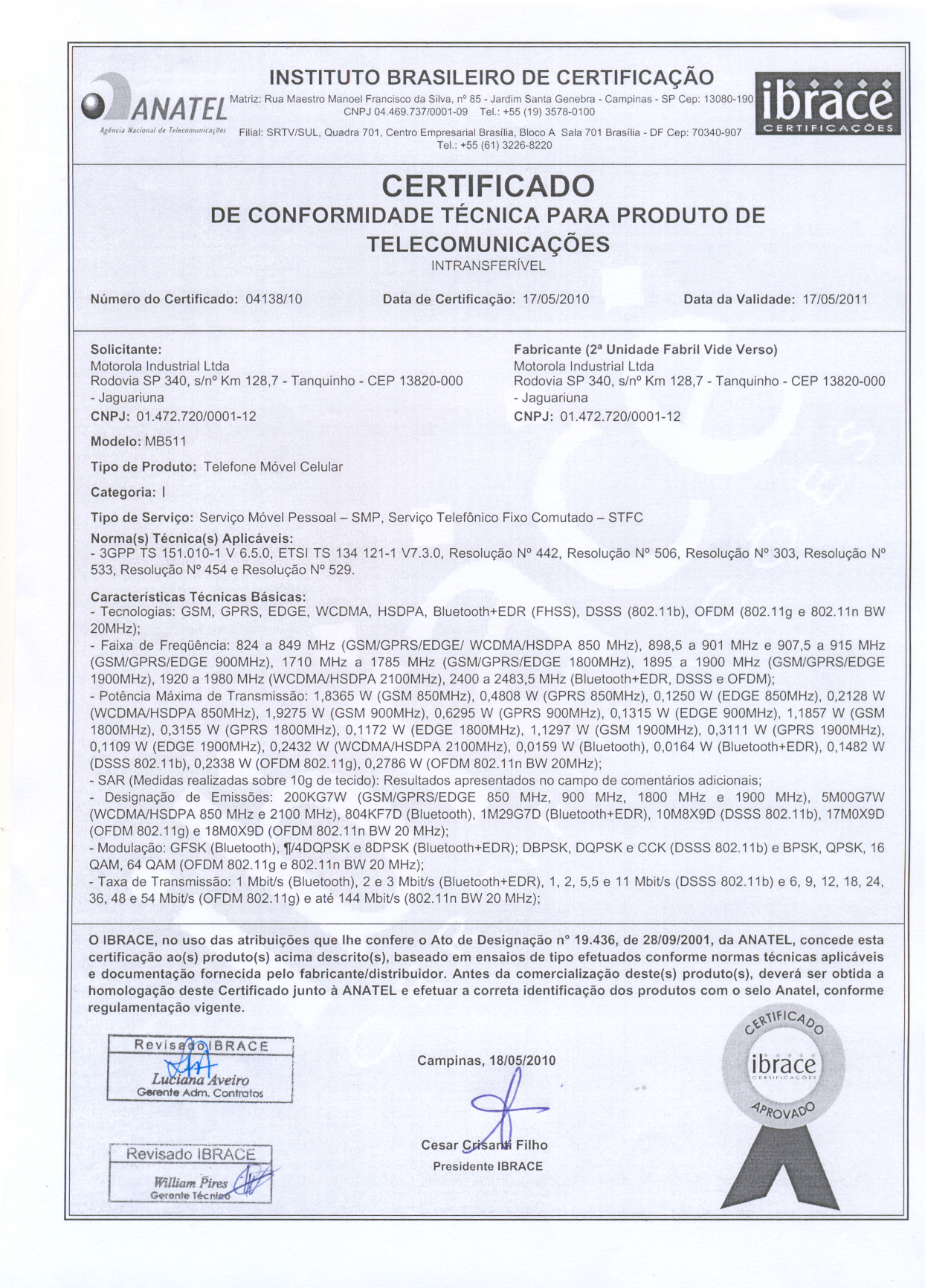 First page of Certificado de Conformidade Técnica R1