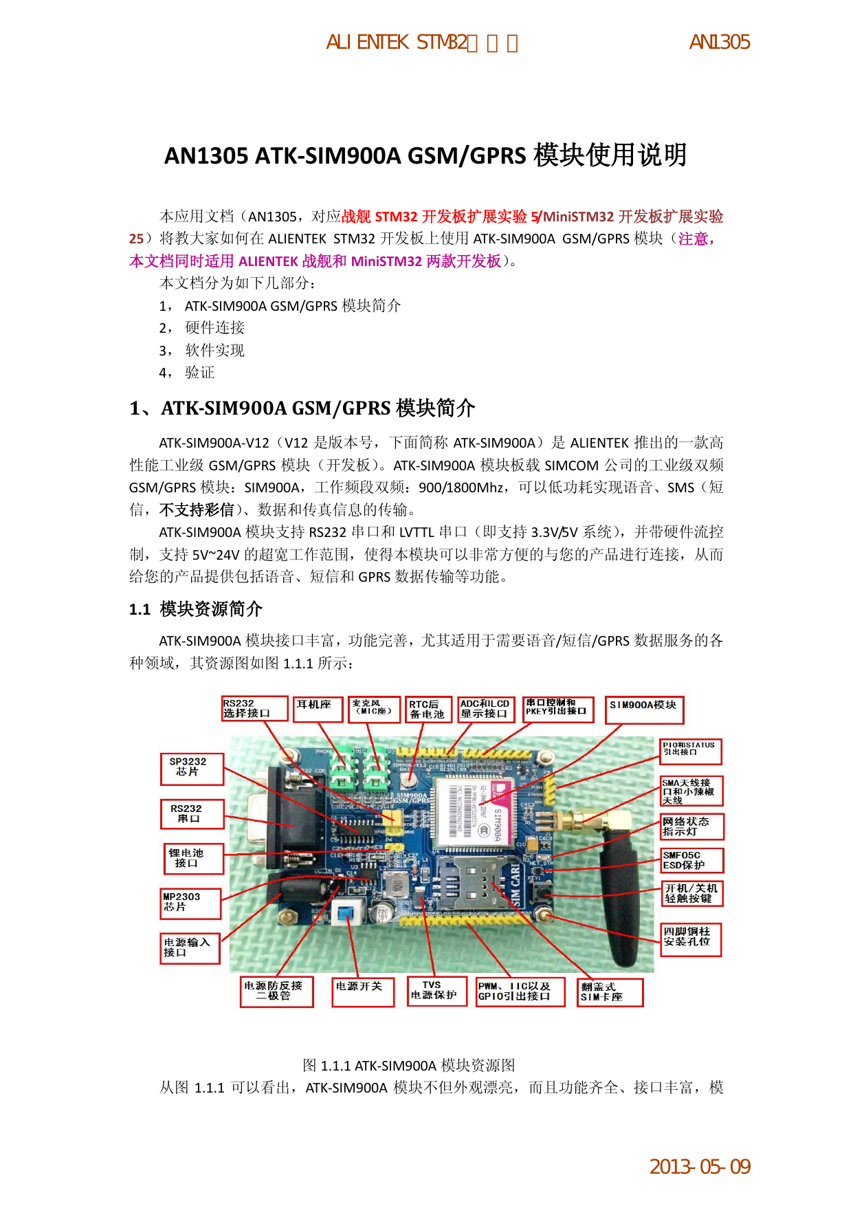 First page of AN1305 ATK-SIM900A GSM/GPRS 模块使用说明
