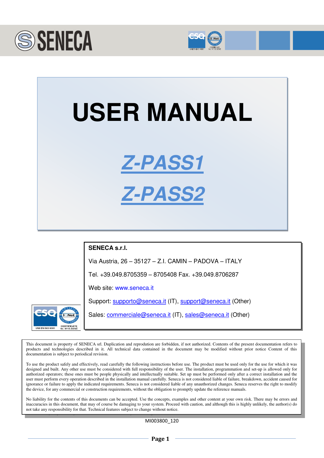 First page of USER MANUAL – ZPASS1/Z-PASS2