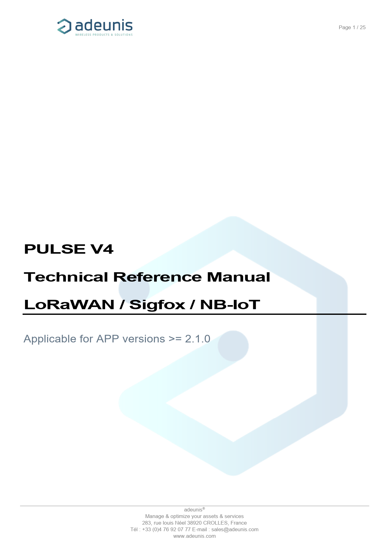 First page of PULSE V4 Technical Reference Manual LoRaWAN / Sigfox / NB-IoT