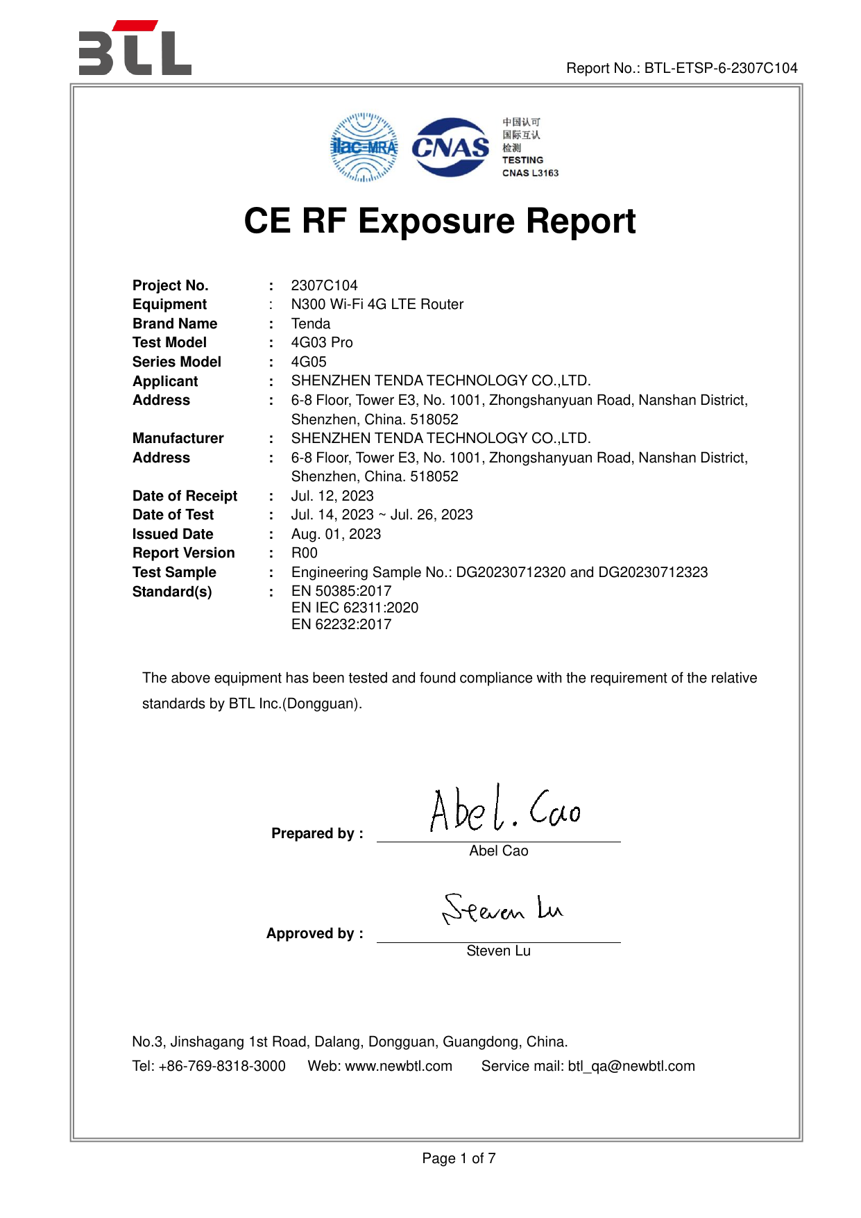 First page of CE/BTL-ETSP-6-2307C104_MPE WCDMA Band V, LTE Band 5_41 R00.pdf CE Certifikace (Certificate of conformity)
