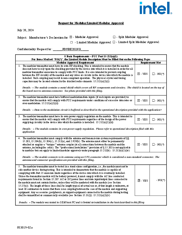 Intel Offer Letter.pdf BE201NG Intel BE201NGW Cover Letter(s) 1-ACB-FORM-FCC-Modular-Letter Intel