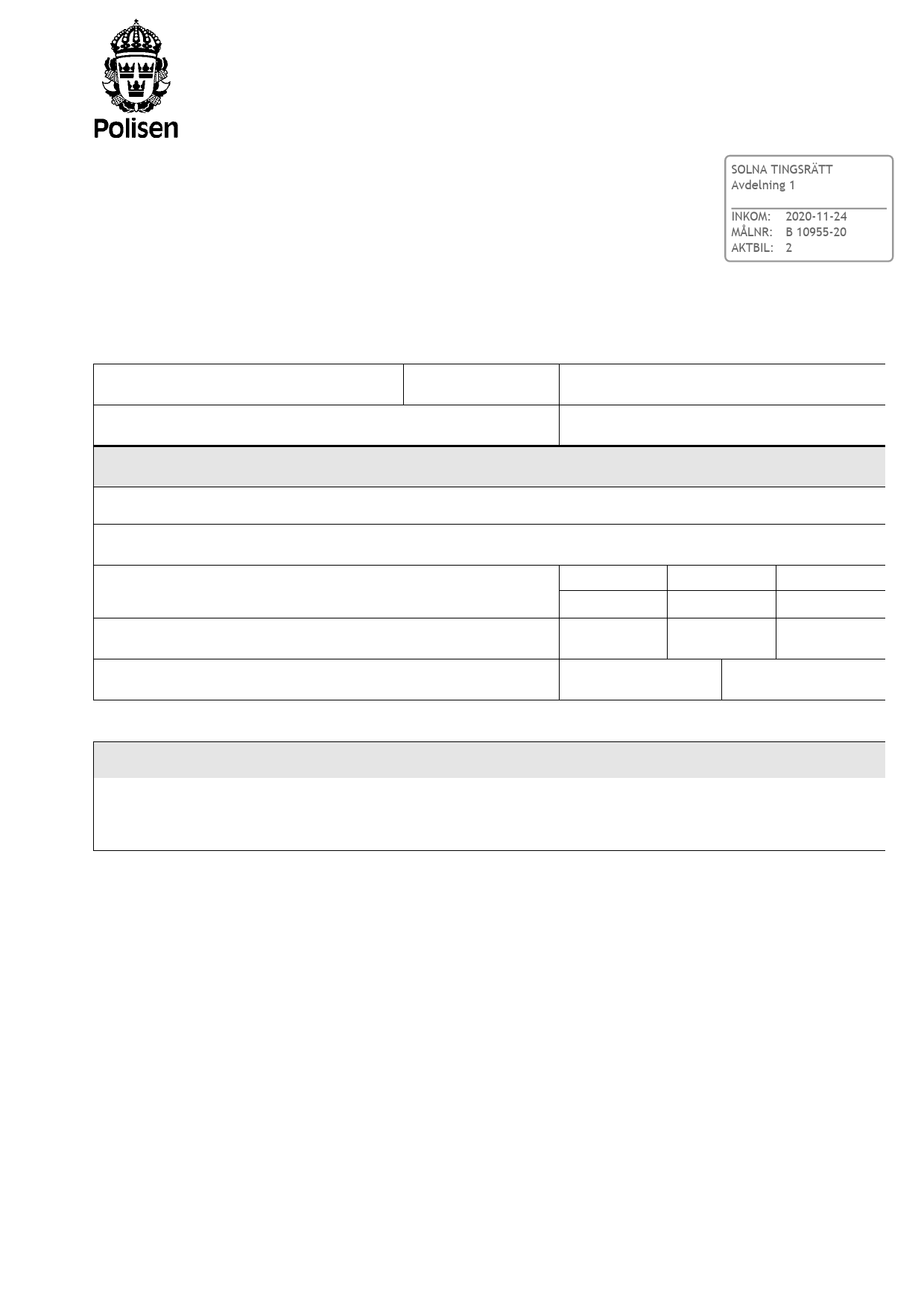 First page of Solna TR B 10955-20 Aktbil 2, Förundersökningsprotokoll (23 .pdf
