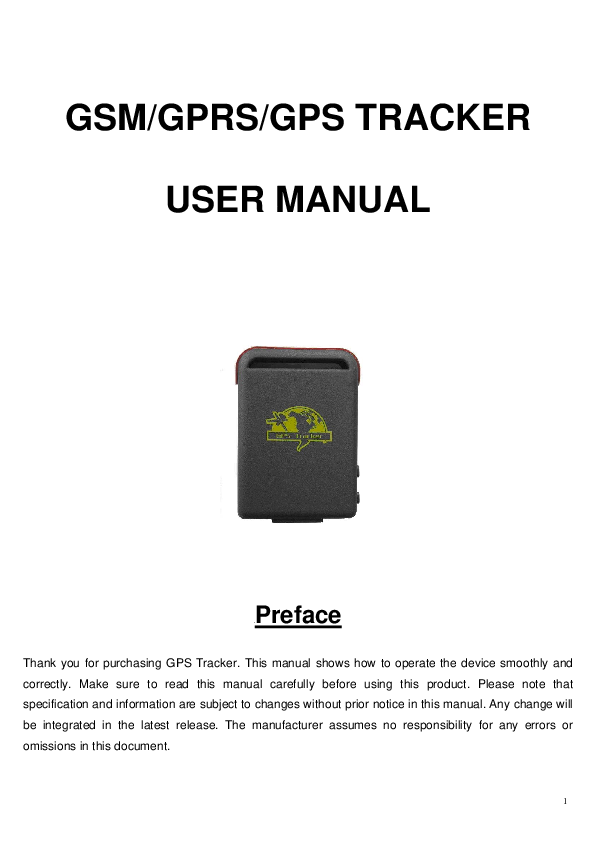 First page of GSM/GPRS/GPS TRACKER USER <b>MANUAL</b>