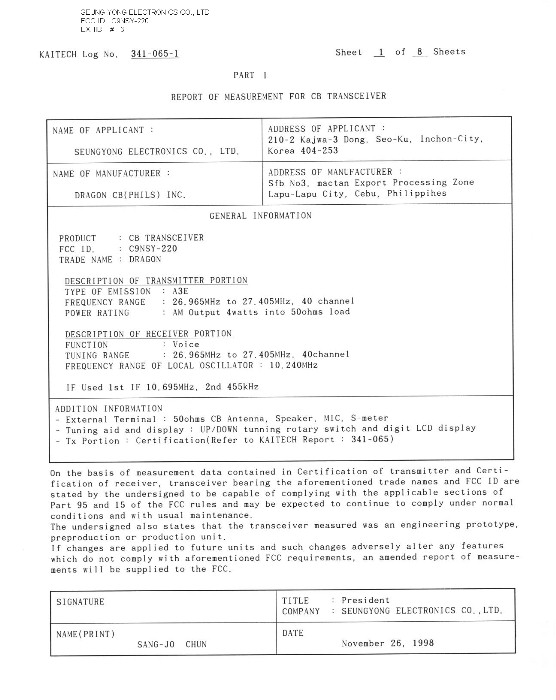 REPROT OF MEAUREMENT FOR CB TRANSCEIVER