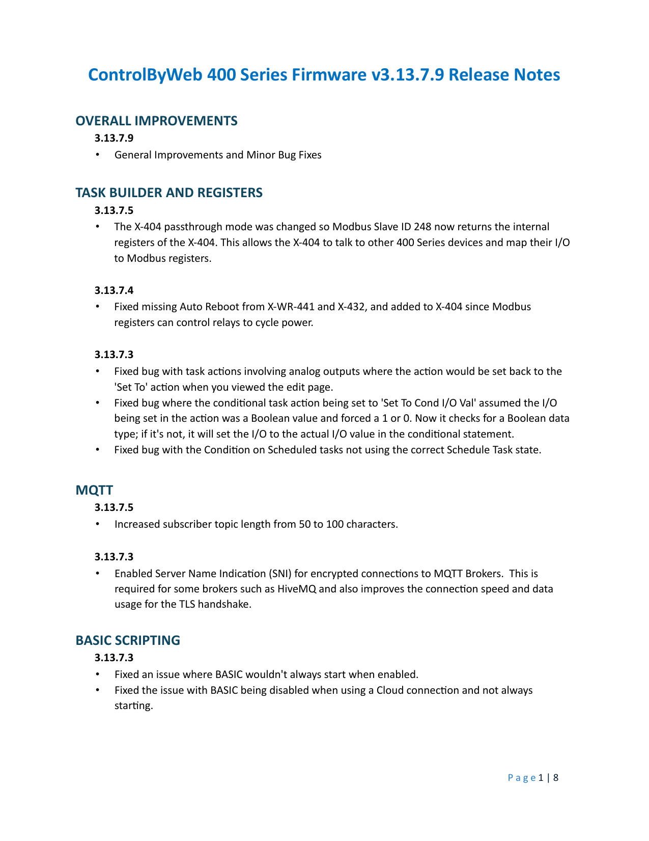 First page of 400 Series Firmware v3.13.7.9 Patch Notes (PDF) (Latest)