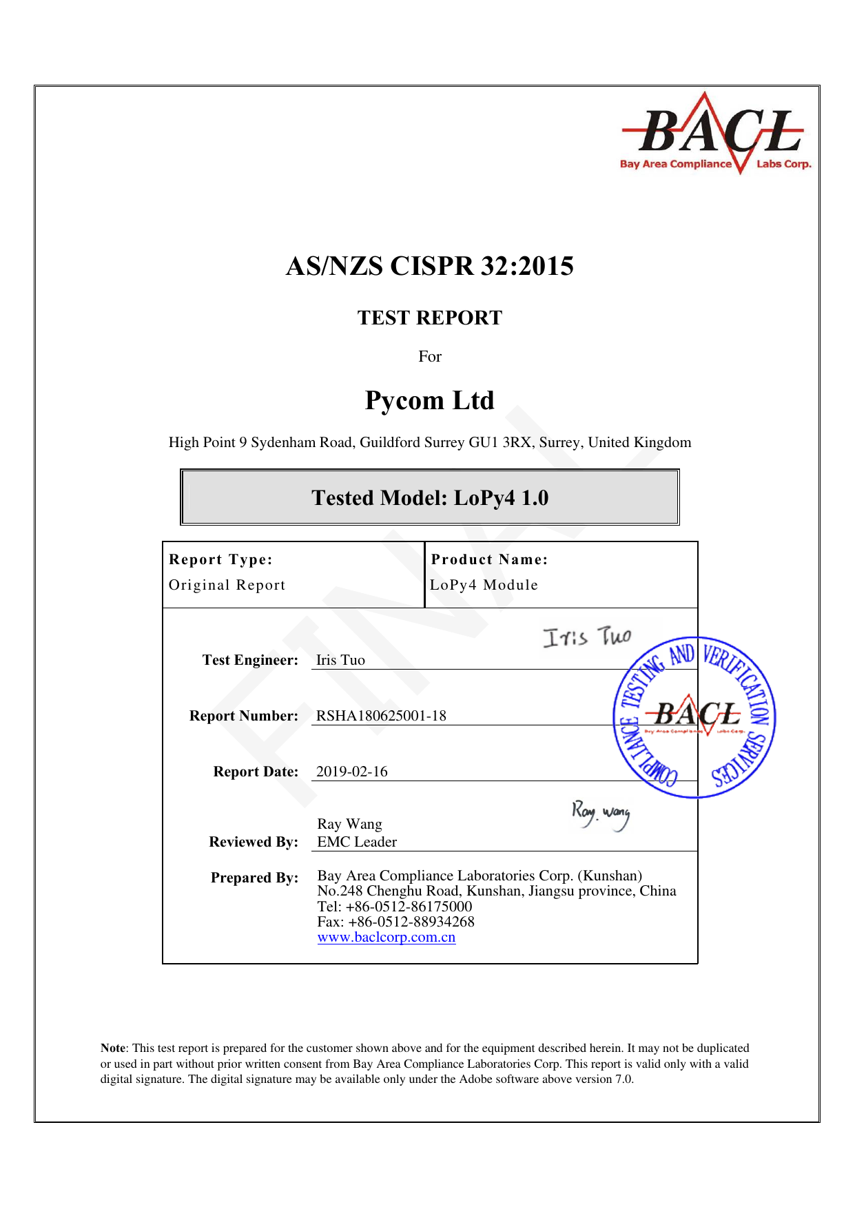 First page of RCM-final/RSHA180625001-18  EMC-EMI  ASNZS CISPR 32.pdf