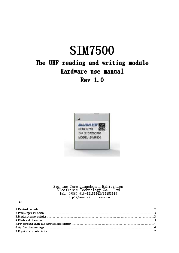 Sim7500 SIM7500 RFID module User Manual Beijing Silion Technology