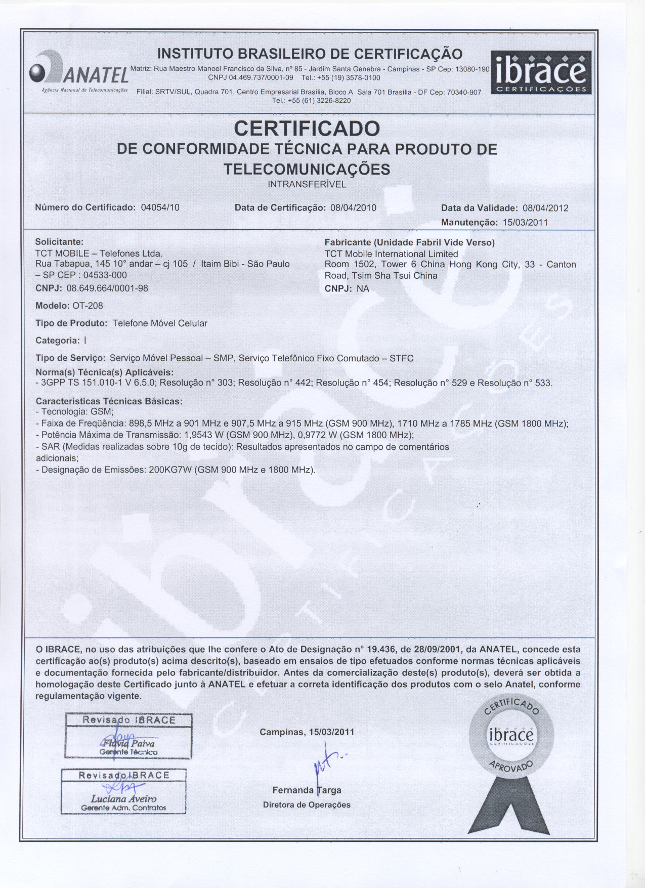 First page of Certificado de Conformidade Técnica M1