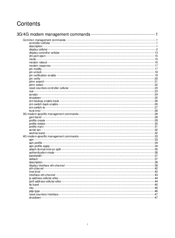 First page of 33-3G and 4G modem management commands