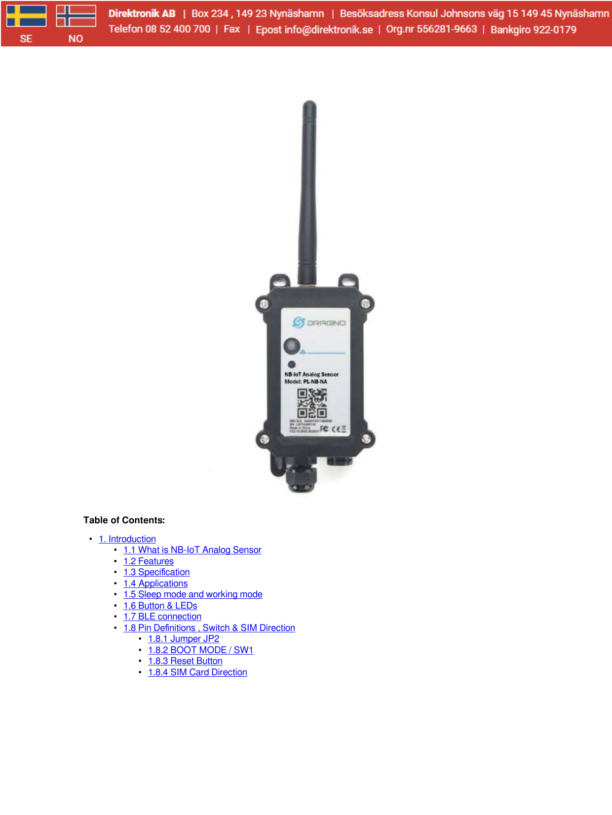 First page of [PDF] 1. Introduction • 1.1 What is NB-IoT Analog Sensor • 1.2 Features