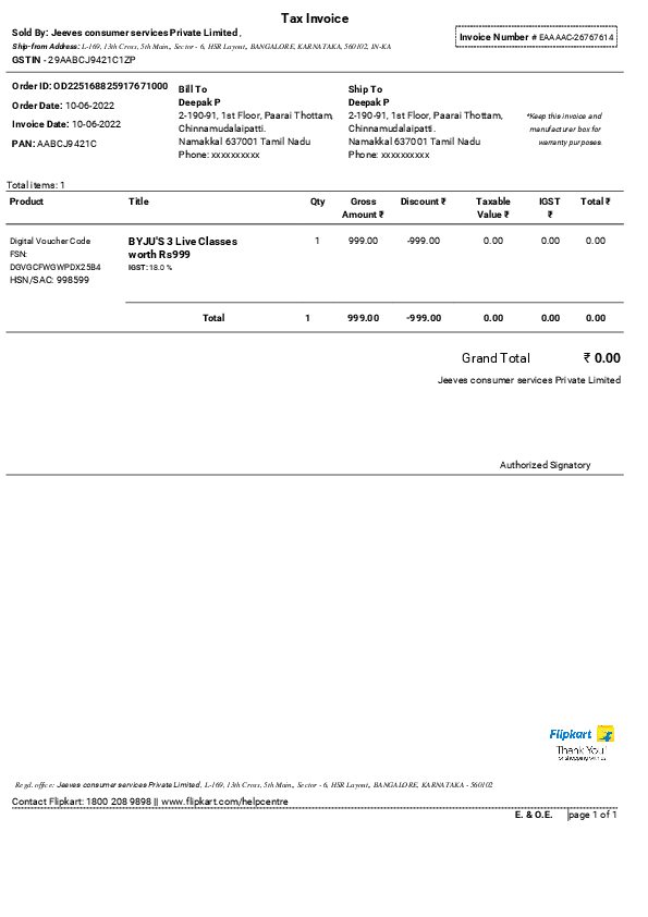 First page of Tax Invoice Grand Total ₹ 0.00