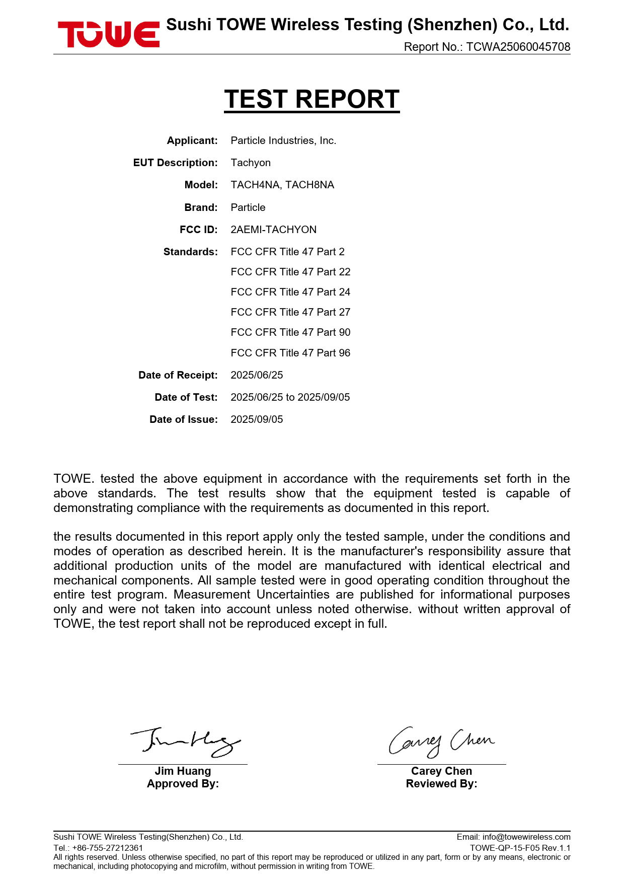 First page of Test report FCC - Cellular