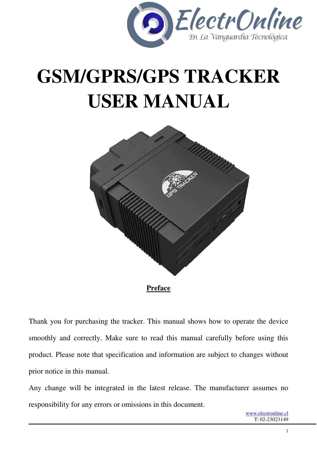 First page of GSM/GPRS/GPS TRACKER USER MANUAL