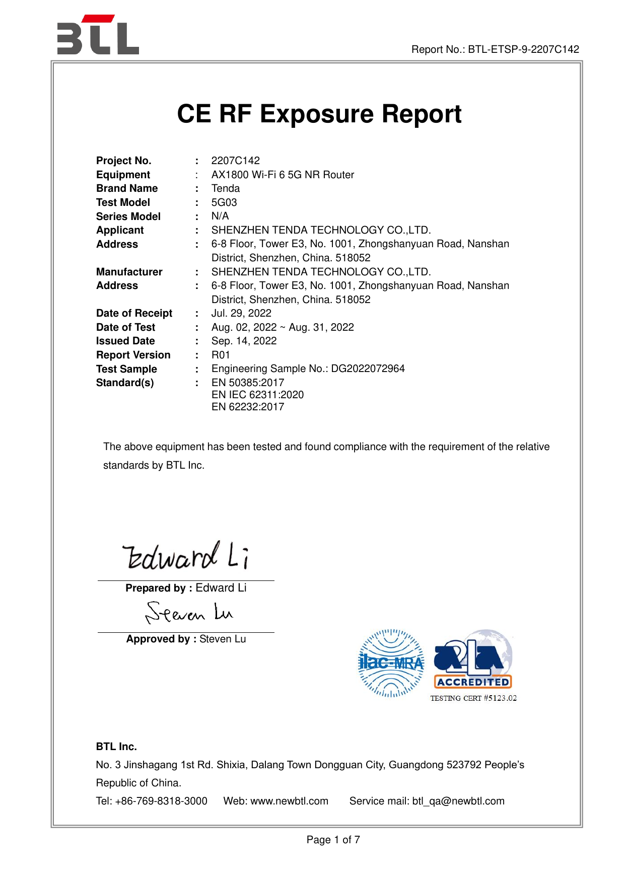 First page of 5G03_CE/BTL-ETSP-9-2207C142_MPE R01.pdf CE Certifikace (Certificate of conformity)