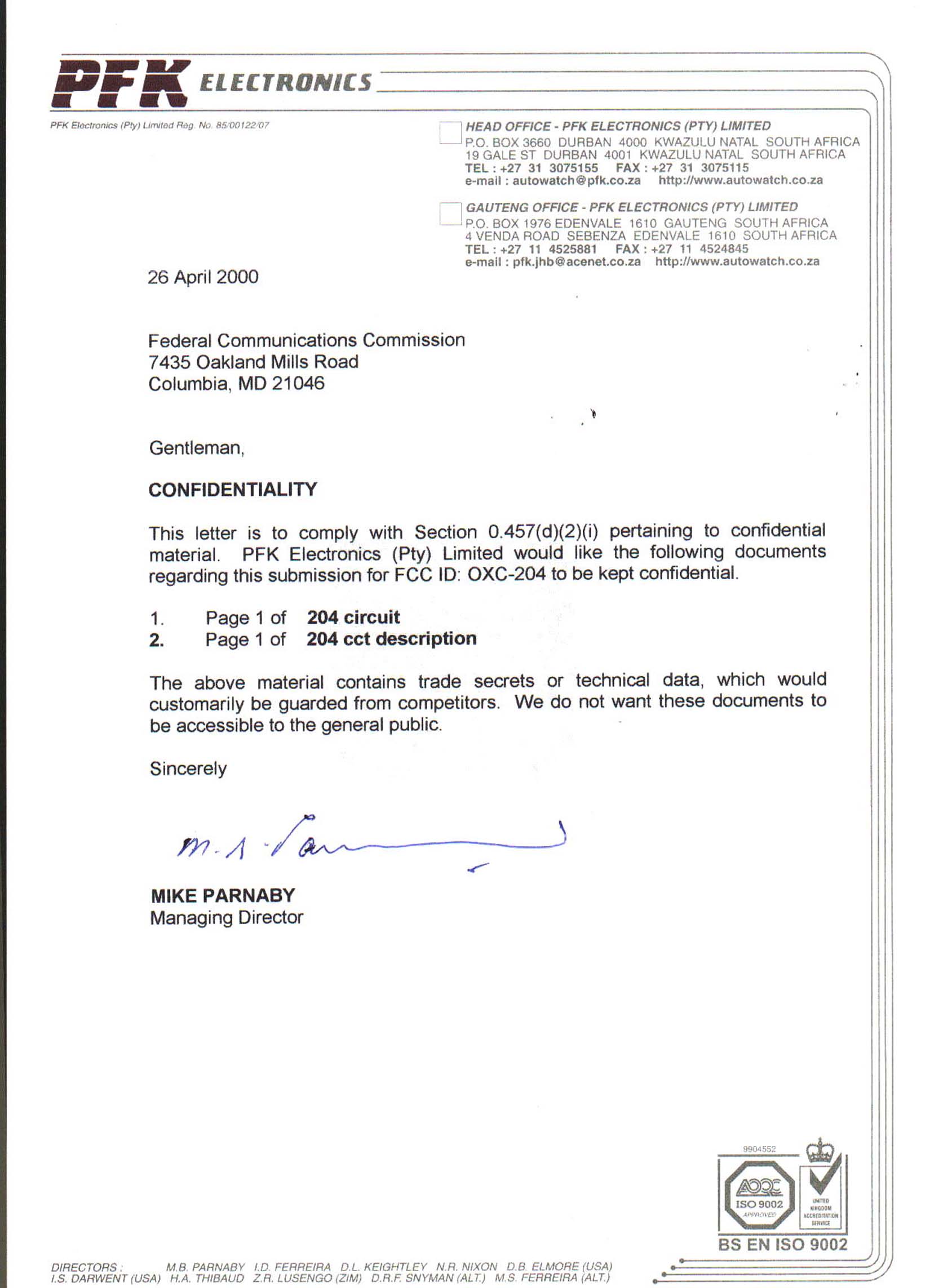 Request for confidentiality