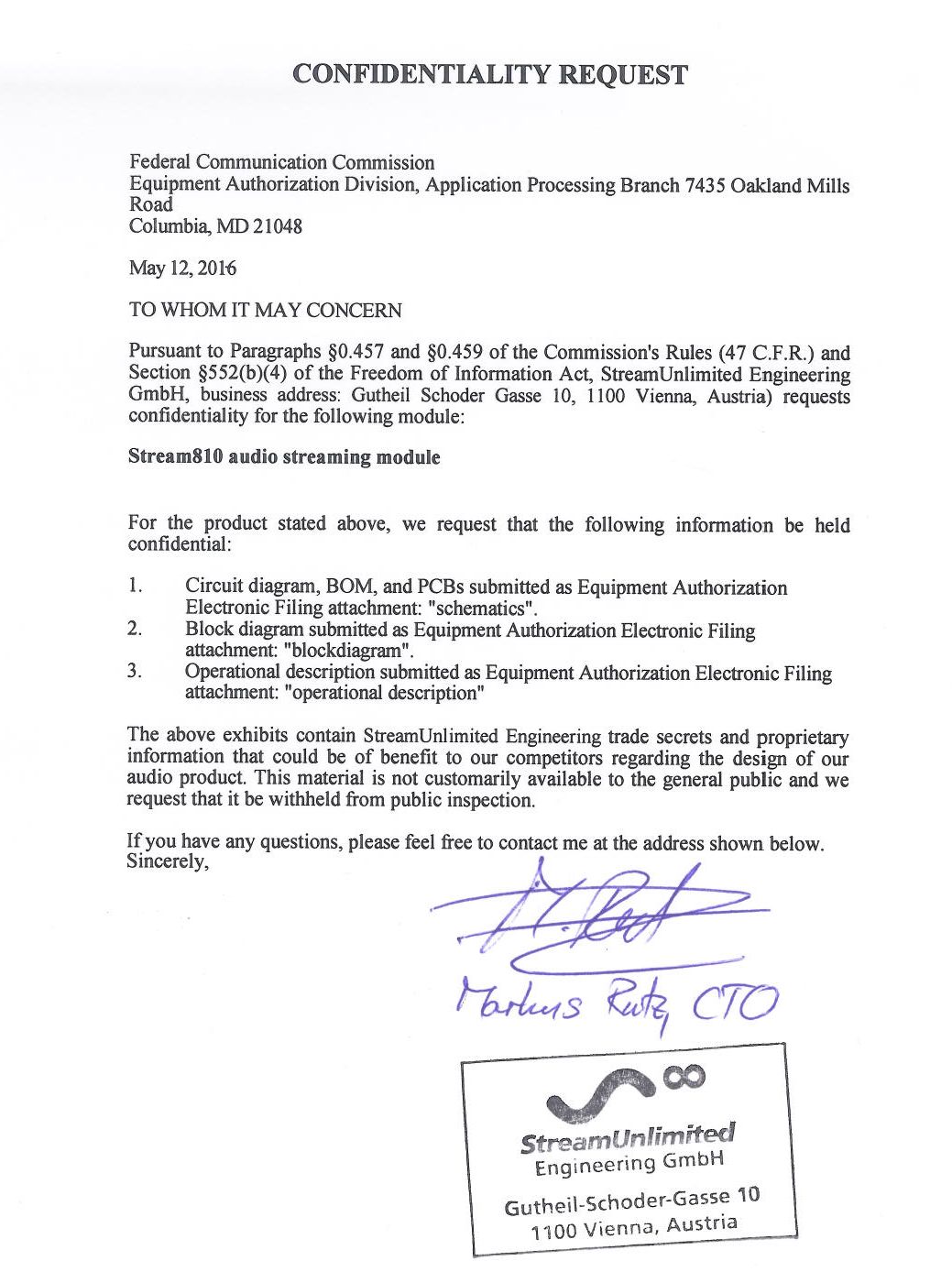 Request for confidentiality