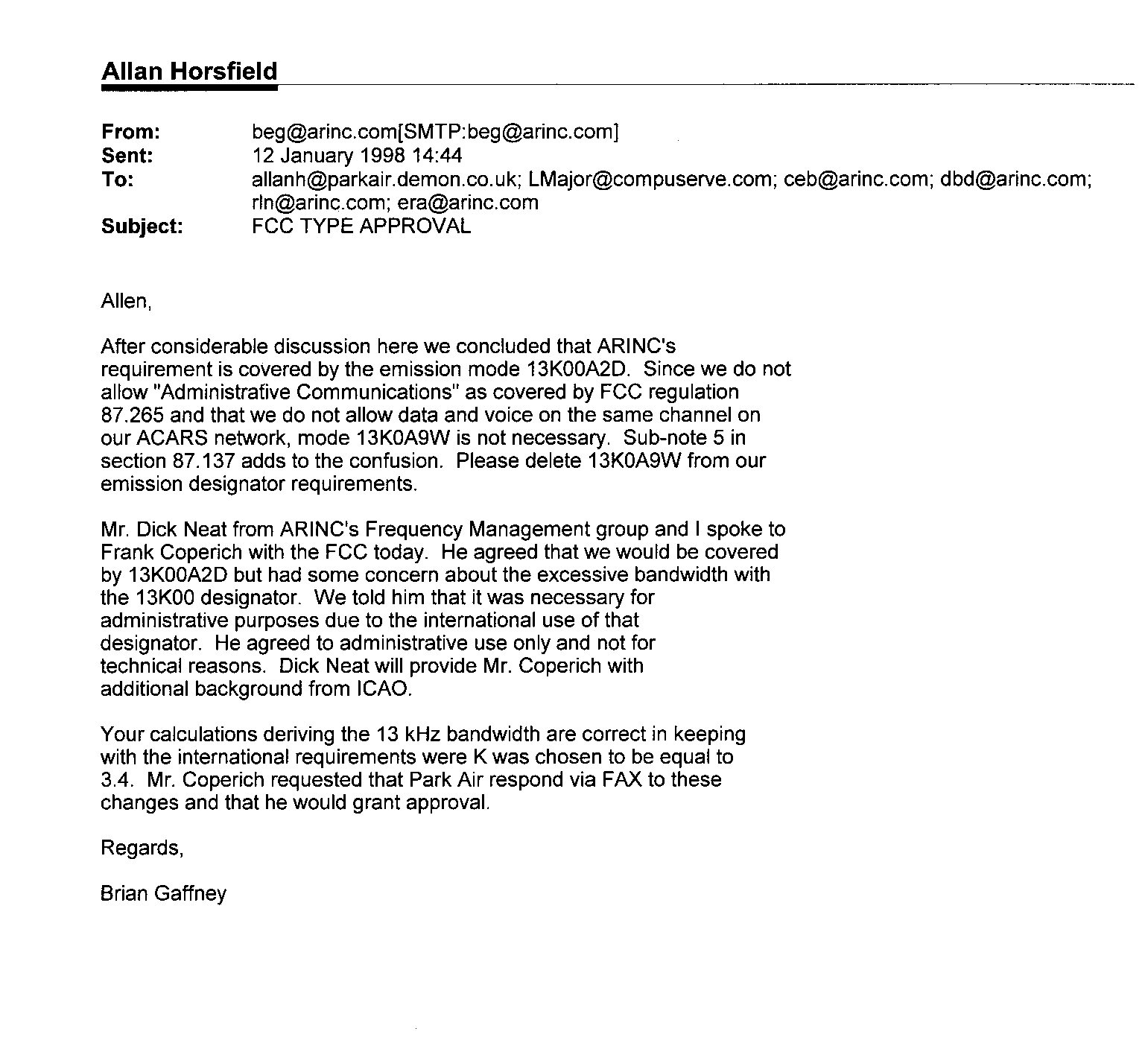 original ARINC email