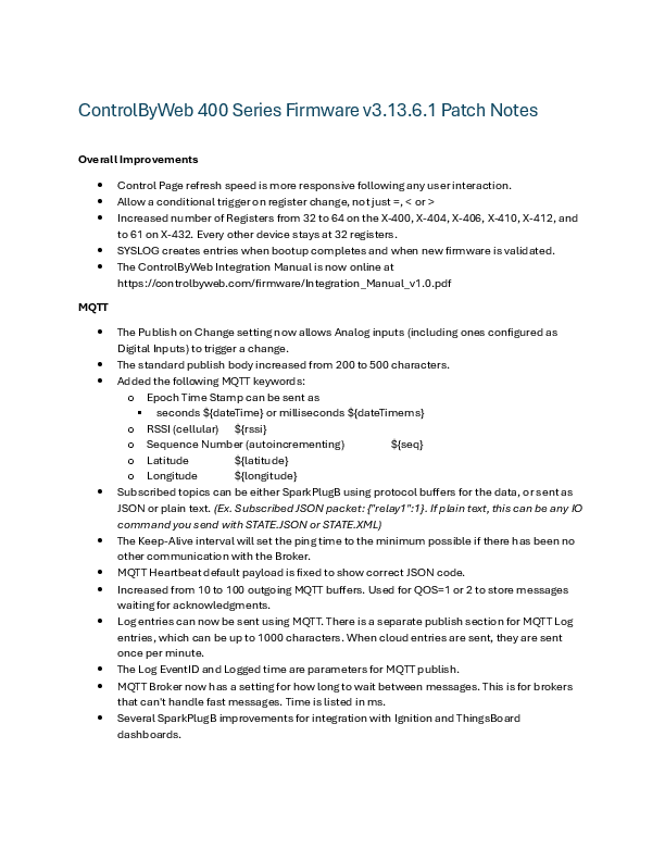 First page of [PDF] ControlByWeb 400 Series Firmware v3.13.6.1 Patch Notes