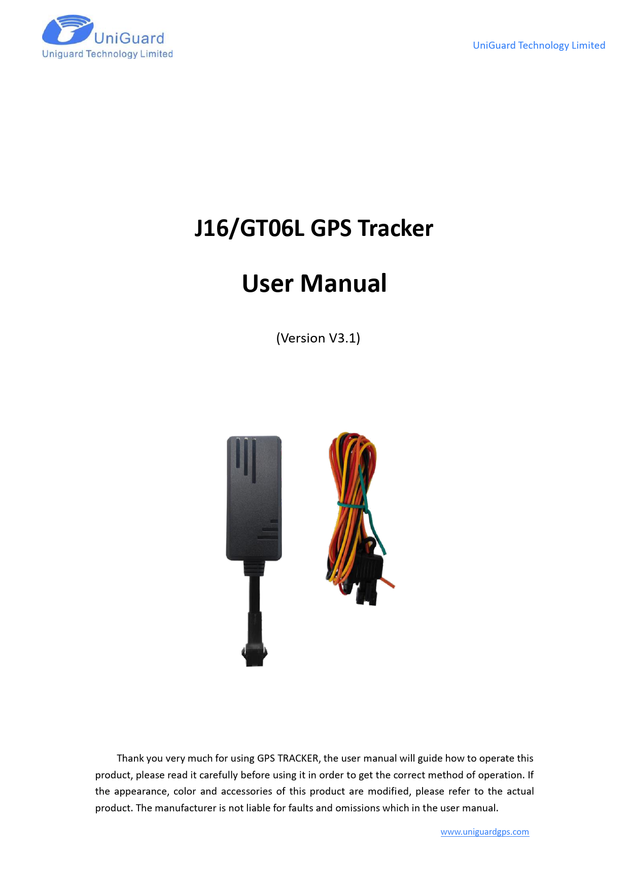 First page of J16 4G GPS Tracker User Manual V3.1-GT