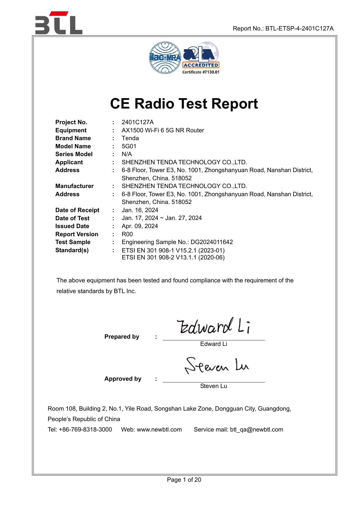 First page of CE 5G01/BTL-ETSP-4-2401C127A_WCDMA Band I & VIII R00.pdf CE Certifikace (Certificate of conformity)
