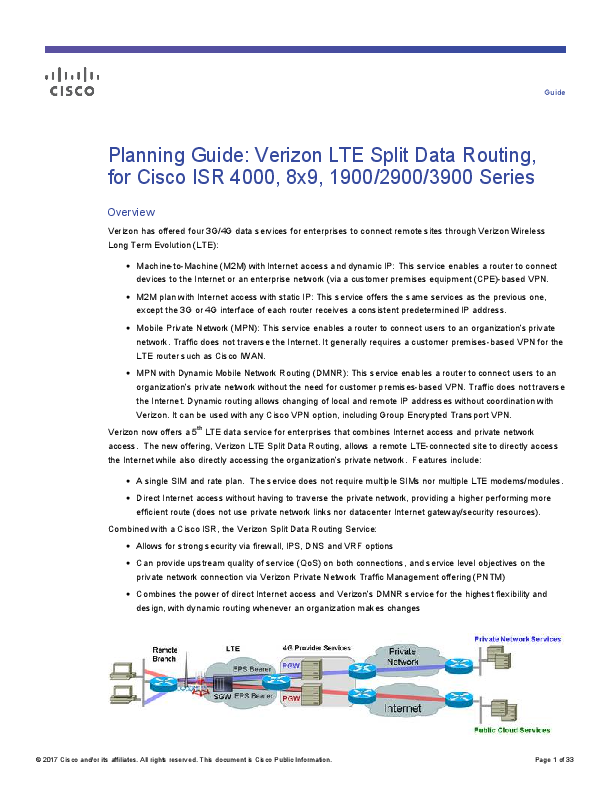 First page of [PDF] Planning Guide: Verizon LTE Split Data Routing, for Cisco ISR 4000 ...