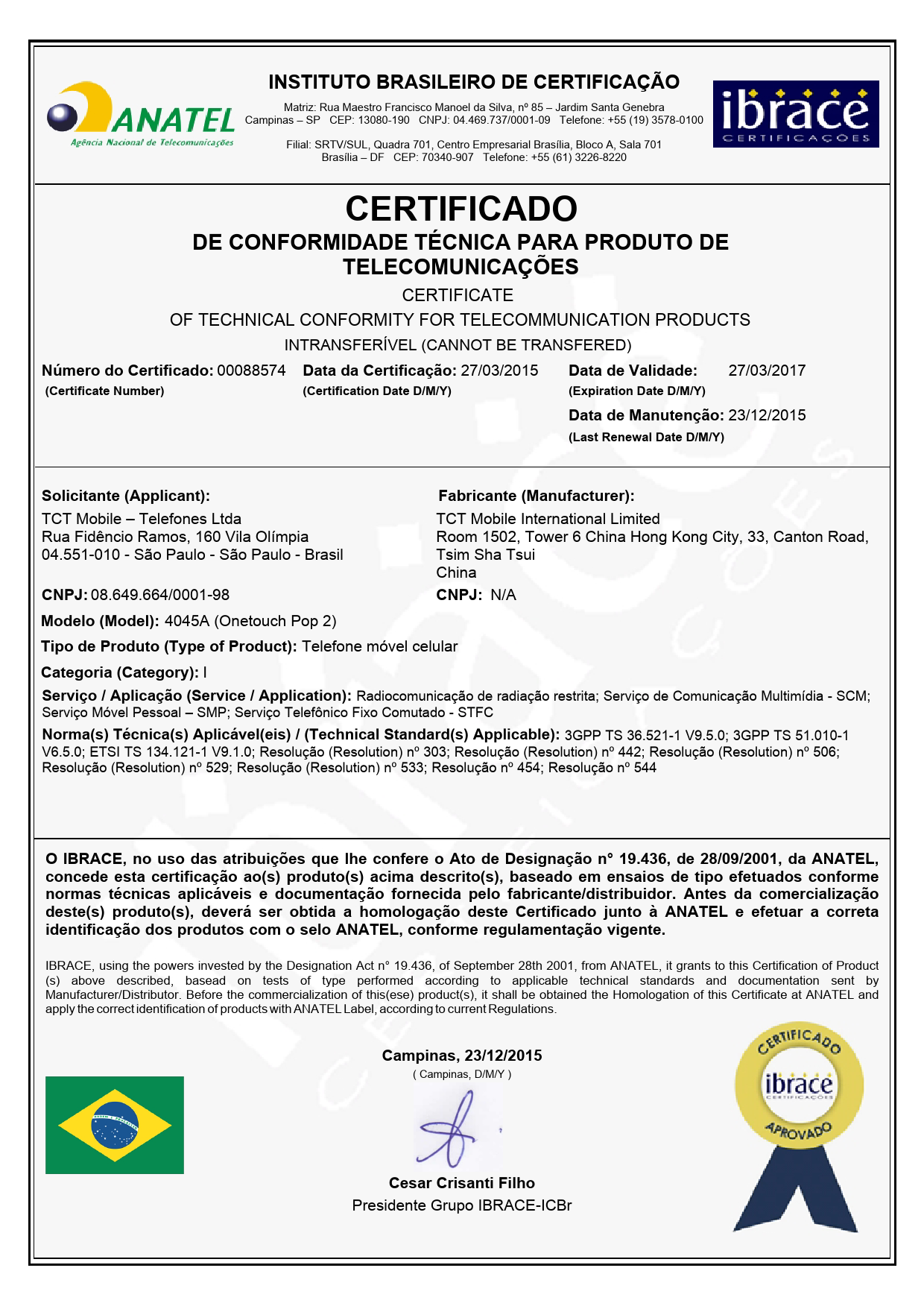 First page of Certificado de Conformidade Técnica M1