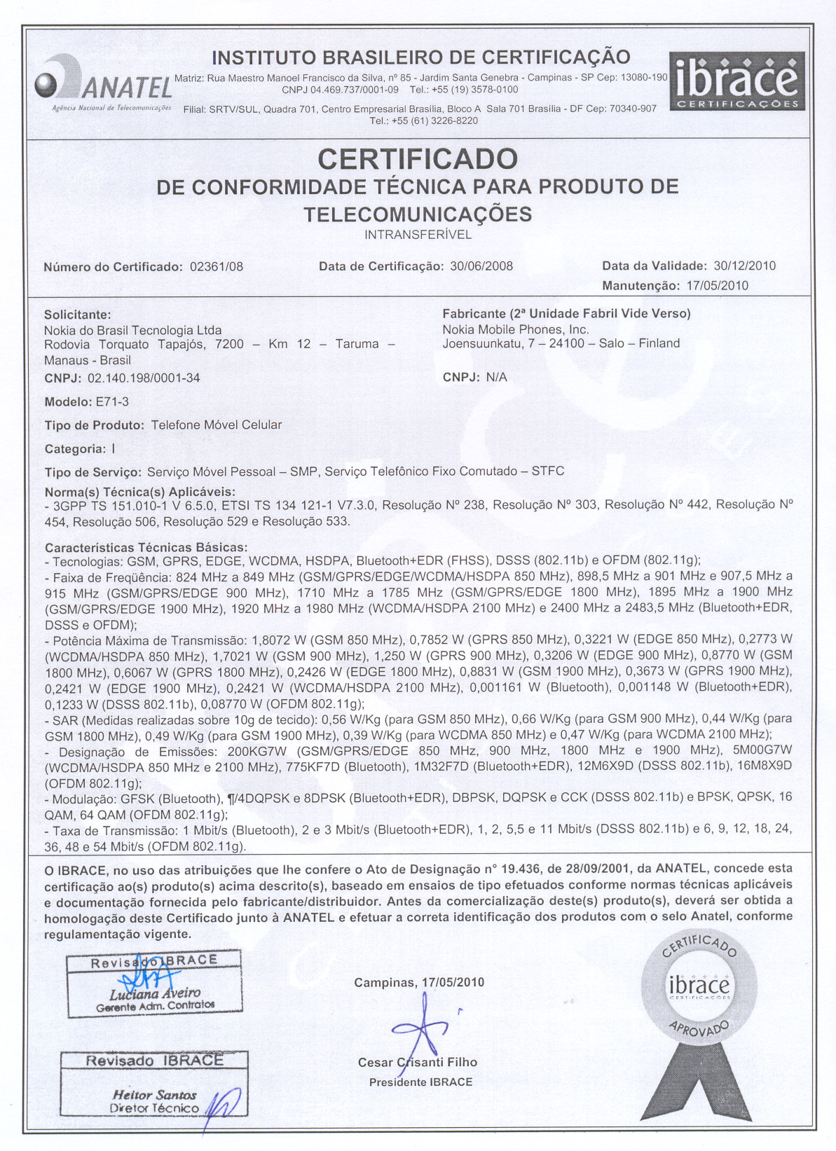 First page of Certificado de Conformidade Técnica M2