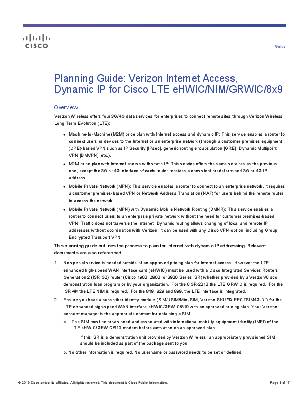 First page of Planning and Configuration Guide for Verizon LTE Dynamic IP Internet Service with NAT (LTE eHWIC/GRWIC/819)