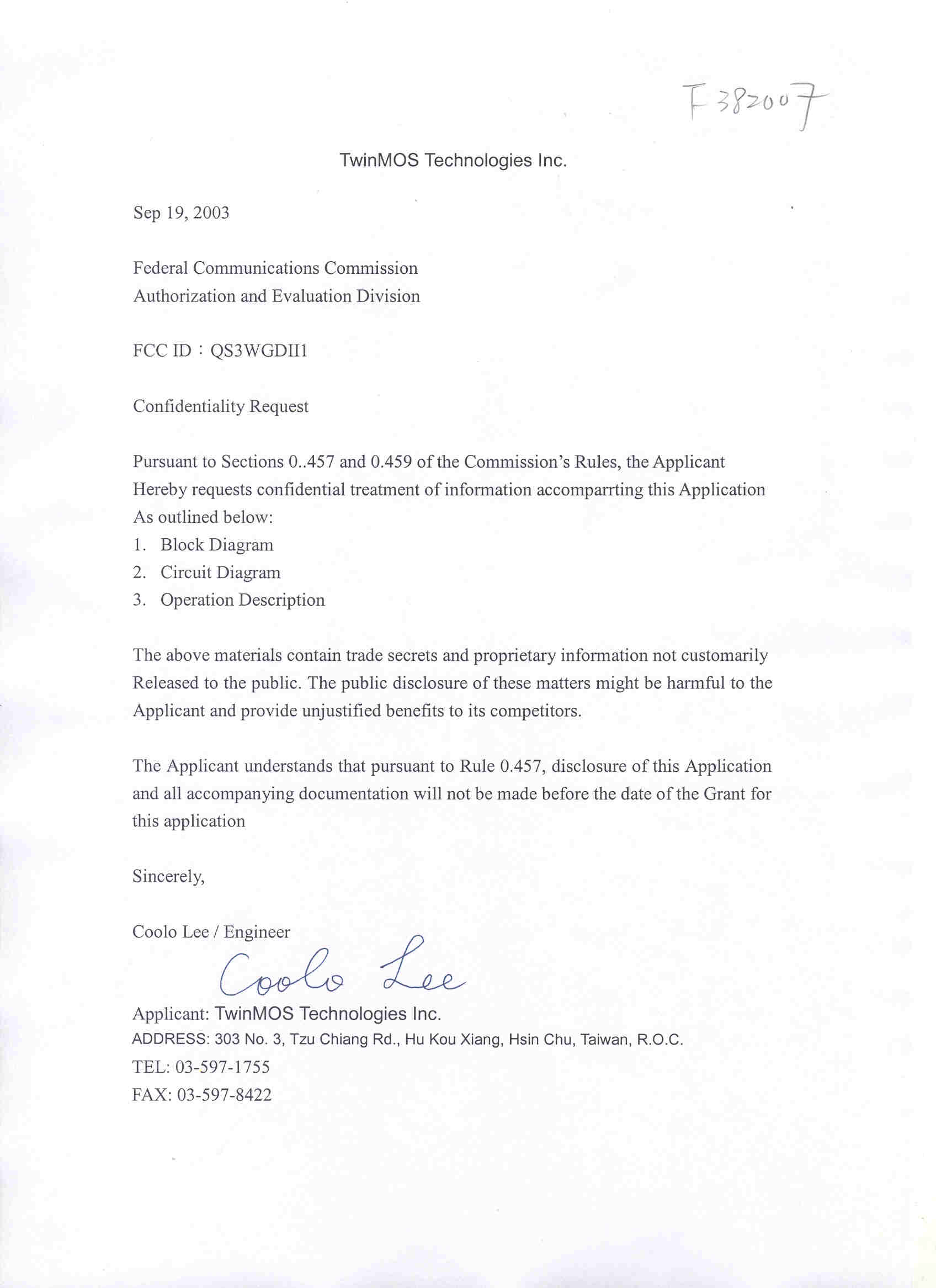 CONFIDENTIAL REQUEST