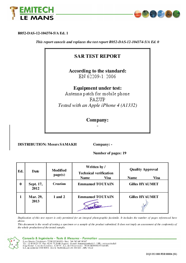 First page of Antenna patch for mobile phone FAZUP ...