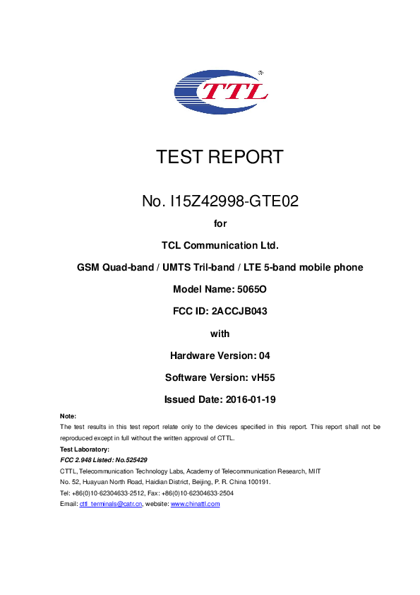 First page of I15Z42998-GTE02_FCC_Part222427_WCDMA_Rev1