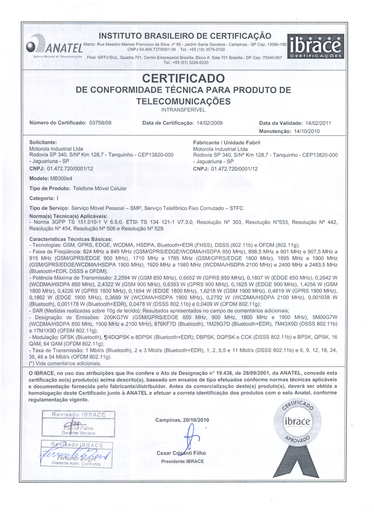 First page of Certificado de Conformidade Técnica R1