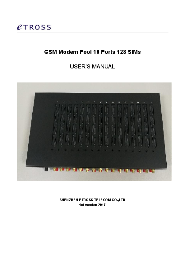 First page of GSM Modem pool 16 Ports 64 SIMS ETS-16164
