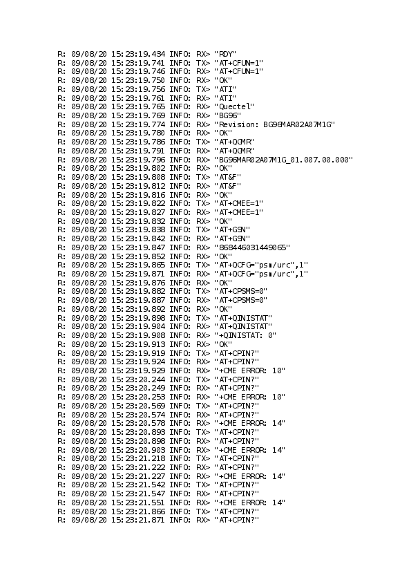 First page of R: 09/08/20 15:23:19.434 INFO: RX> "RDY" R: 09/08/20 15:23:19.741 INFO: TX> "AT+CFUN=1" R: 09/08/20 15