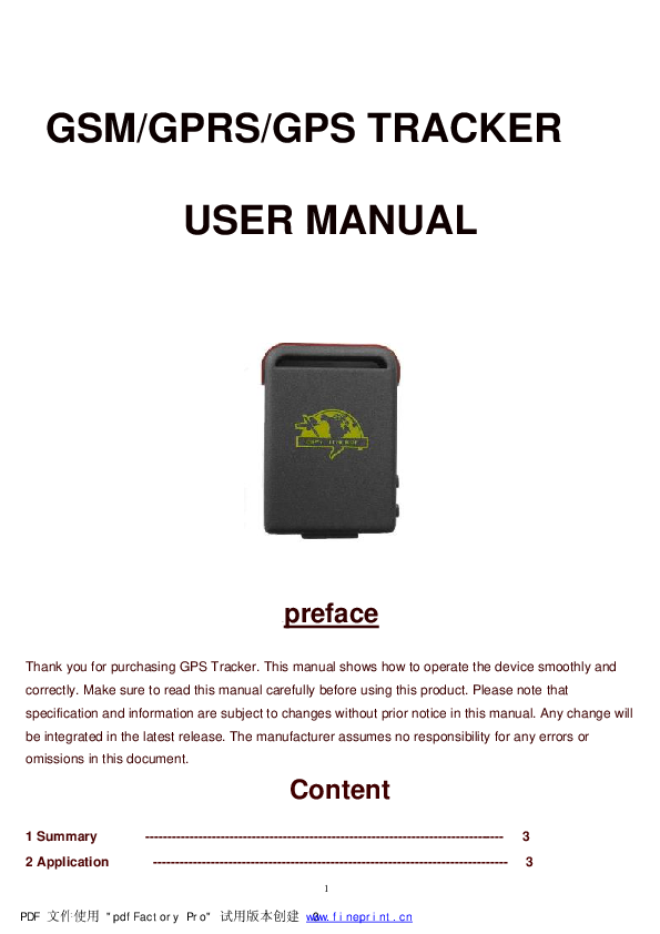 First page of GSM/GPRS/GPS TRACKER <b>USER MANUAL</b> - top5.hu