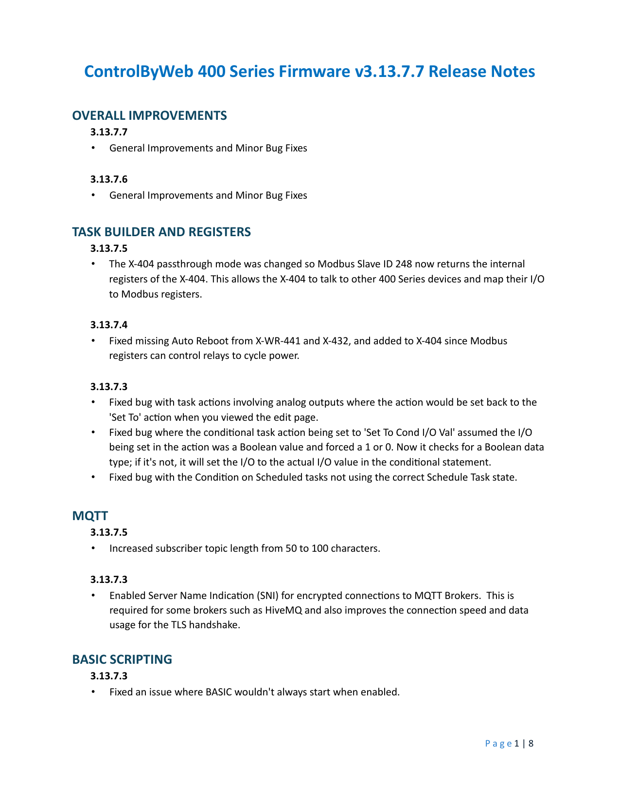 First page of 400 Series Firmware v3.13.7.7 Patch Notes (PDF) (Latest)