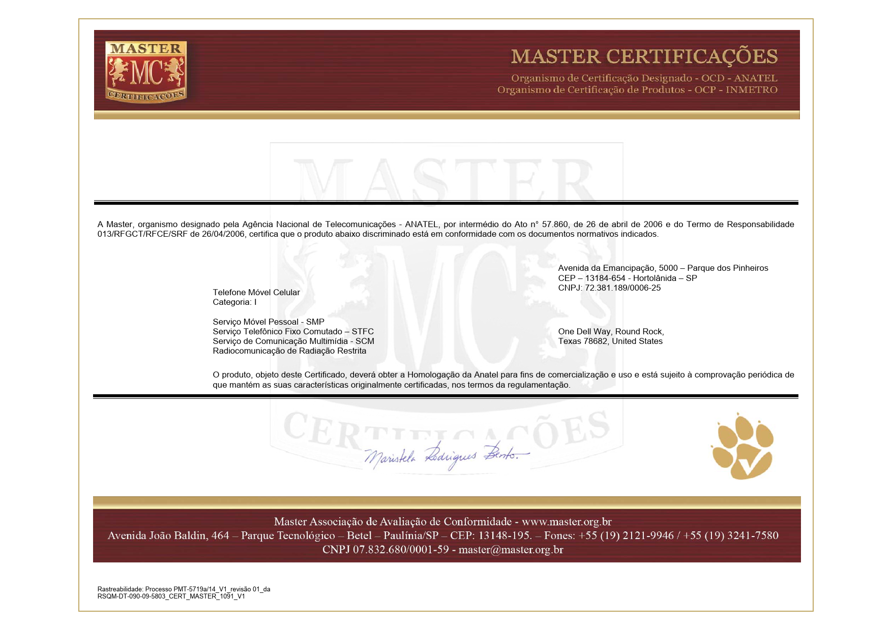 First page of 5803_CERT_MASTER_1091_V1.pdf