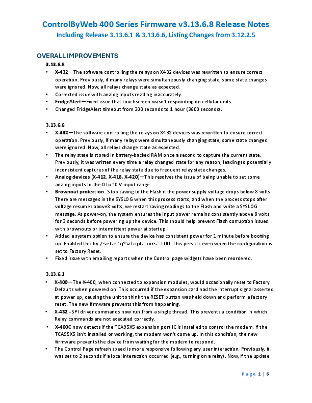First page of [PDF] ControlByWeb 400 Series Firmware v3.13.6.8 Release Notes