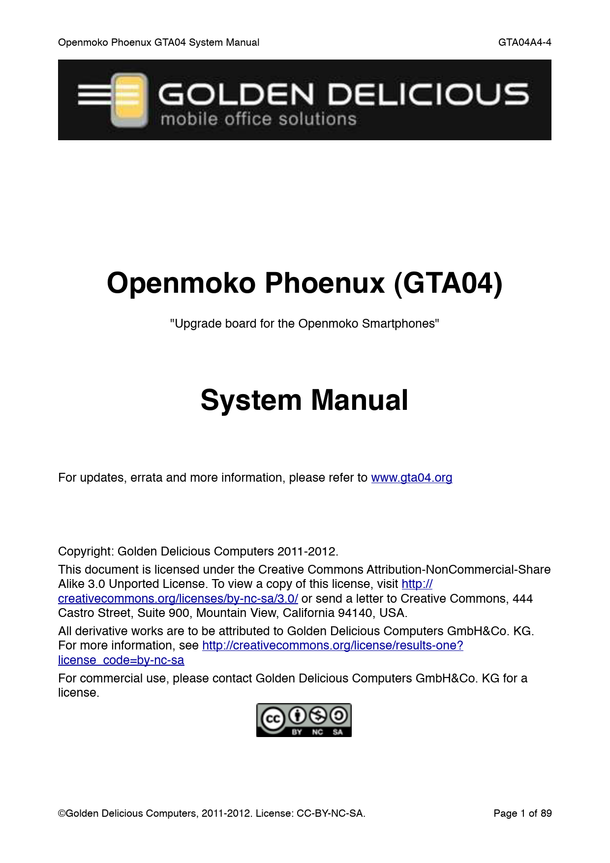 First page of Openmoko Phoenux (GTA04) System Manual