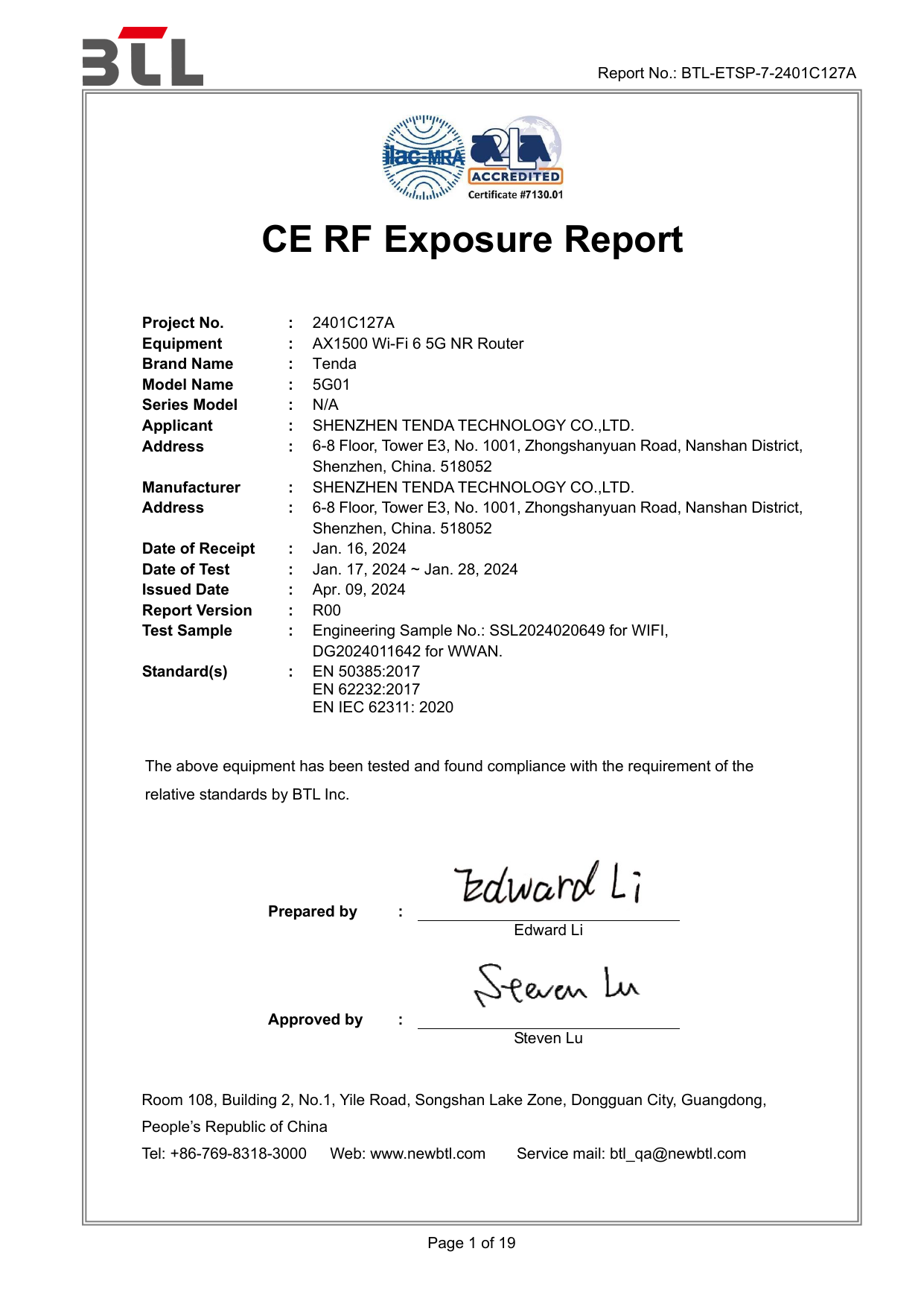 First page of CE 5G01/BTL-ETSP-7-2401C127A_MPE R00.pdf CE Certifikace (Certificate of conformity)