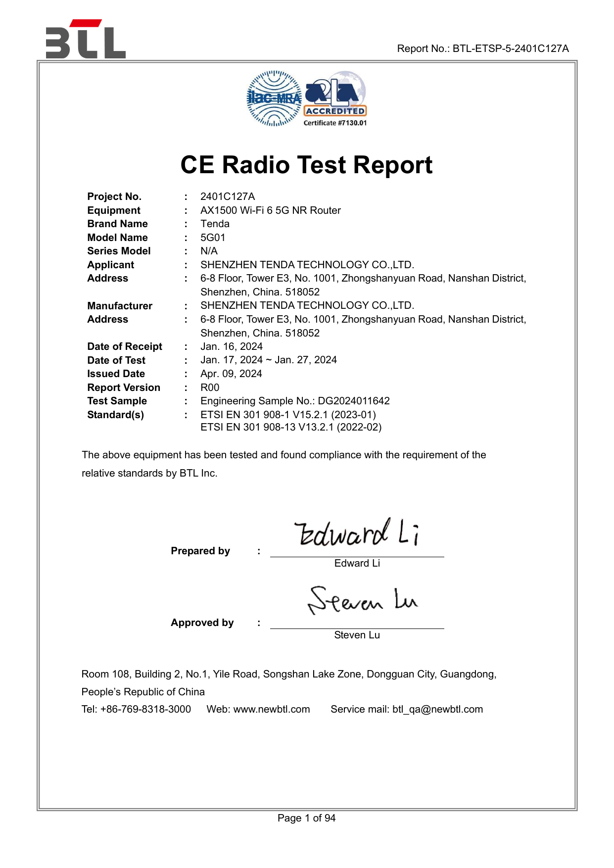 First page of CE 5G01/BTL-ETSP-5-2401C127A_EN 301 908 LTE R00.pdf CE Certifikace (Certificate of conformity)